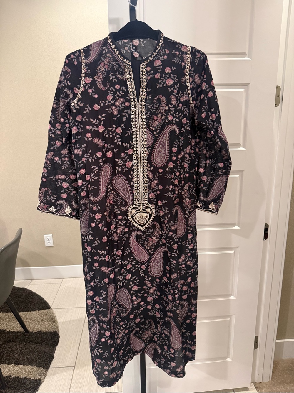 Black and Pink Paisley Embroidered Long Sleeve Dress